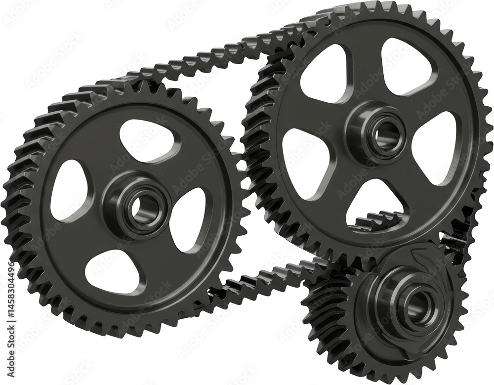 Interlocking Metal Gears Sprockets and Chain Drive System Industrial Machinery Component Closeup Interlocking Metal Gears Sprockets and Chain Drive System Industrial Machinery Component Closeup