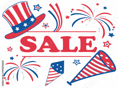Huge 4th of July Sale Patriotic Stars Fireworks and Uncle Sam Hat Design Celebrate Independence Day Savings