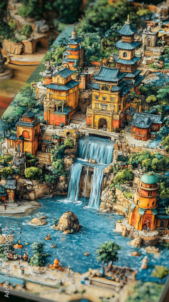 Intricate miniature Asian landscape; cascading waterfall, tiered buildings, lush greenery, serene water Intricate miniature Asian landscape; cascading waterfall, tiered buildings, lush greenery, serene water
