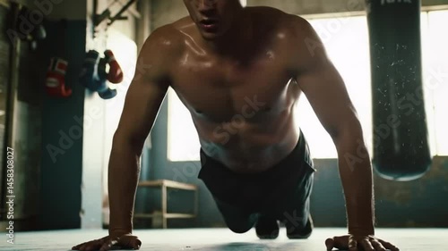 Muscular, young man doing push ups in the boxing gym