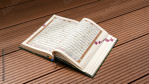 Bandung, Indonesia - 02.11.2025:  Photo of opened Holy Quran with Arabic calligraphy with natural daylight on wooden background