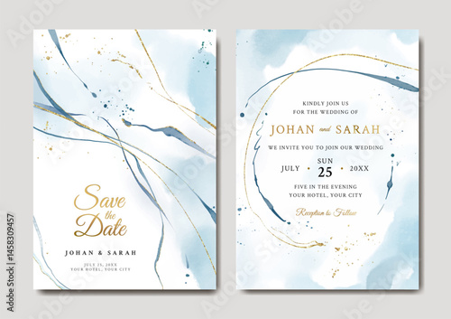 Beautiful blue abstract watercolor wedding invitation template