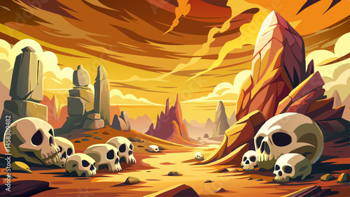 Bleached skulls rest among wind-worn stones in a cursed, sun-scorched valley