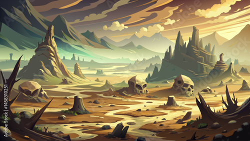 A desolate valley shrouded in mist, ancient bones scattered beneath twisted rock formations