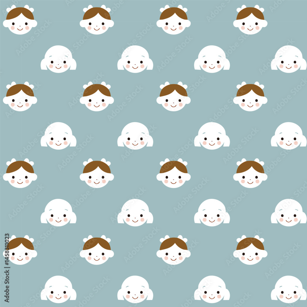 Fototapeta premium Cute happy girl face seamless pattern vector background illustration