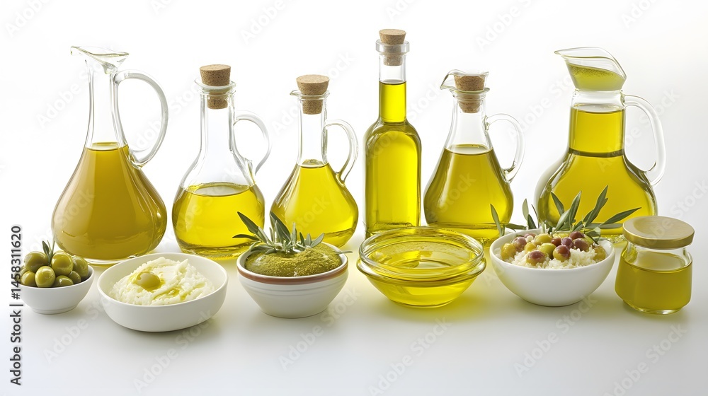 Assorted Bottles of Olive Oil with Olives and Dishes Assorted Bottles of Olive Oil with Olives and Dishes
