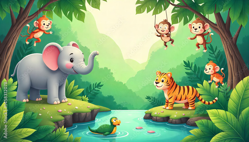 Naklejka premium Cartoon Jungle Scene with Animals