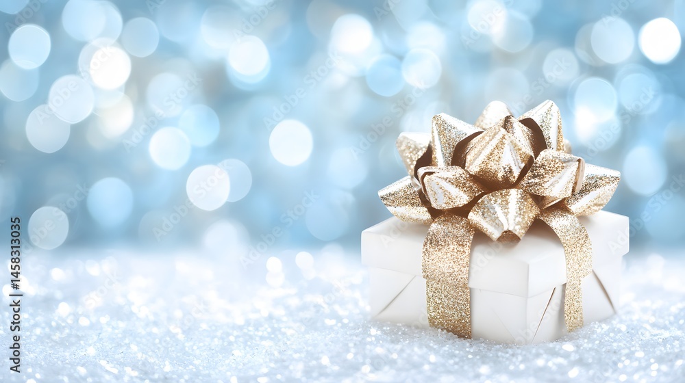 Sparkling Gift Box with Gold Bow on Glittery Background Sparkling Gift Box with Gold Bow on Glittery Background