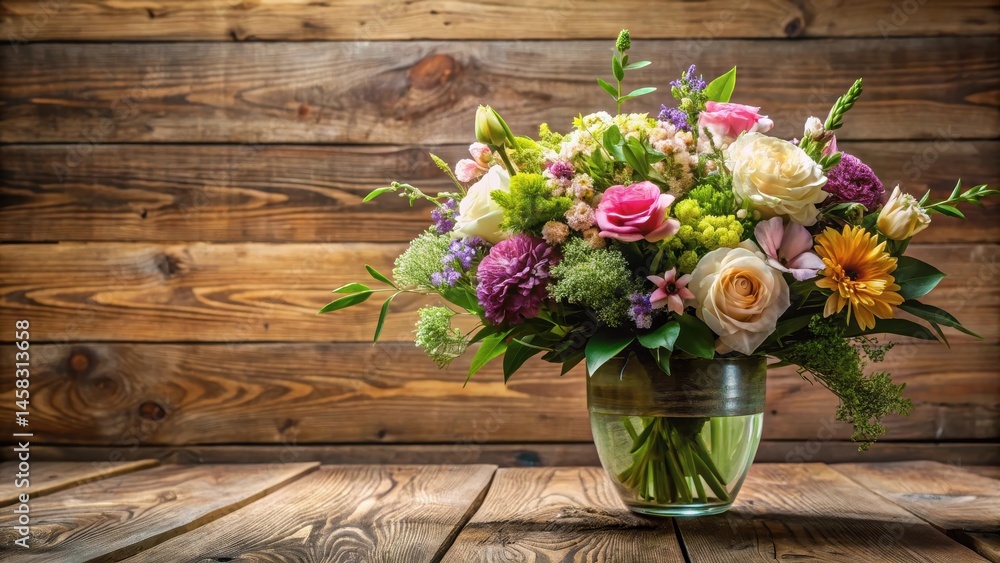 Fototapeta premium Classic floral arrangement on a wooden table, floral plants, natural, floral plants, natural, old