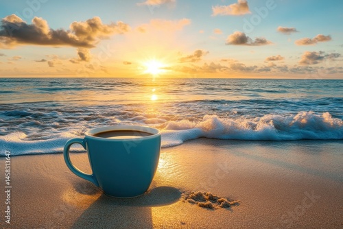 Enjoying coffee while watching the sunrise over the ocean waves on a beautiful beach, A cup of coffee on the beach with the sun rising over the ocean