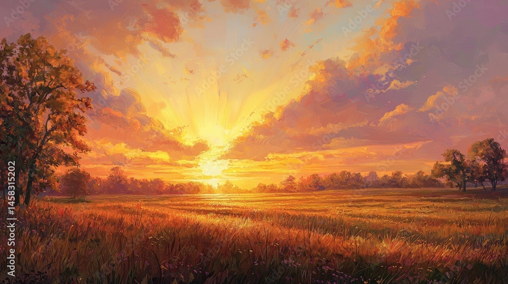 Obraz premium A breathtaking golden sunset over a golden field.