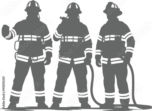 Three firefighters ready for action vector illustration in gray scale