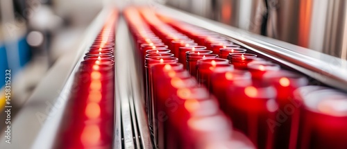 Rows of Lit Red Candles on Conveyor Belt Factory Production Line