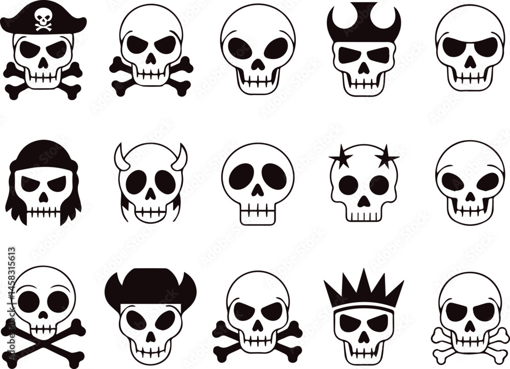 Collection of black and white skull icons with pirate devil cowboy and crown Collection of black and white skull icons with pirate devil cowboy and crown