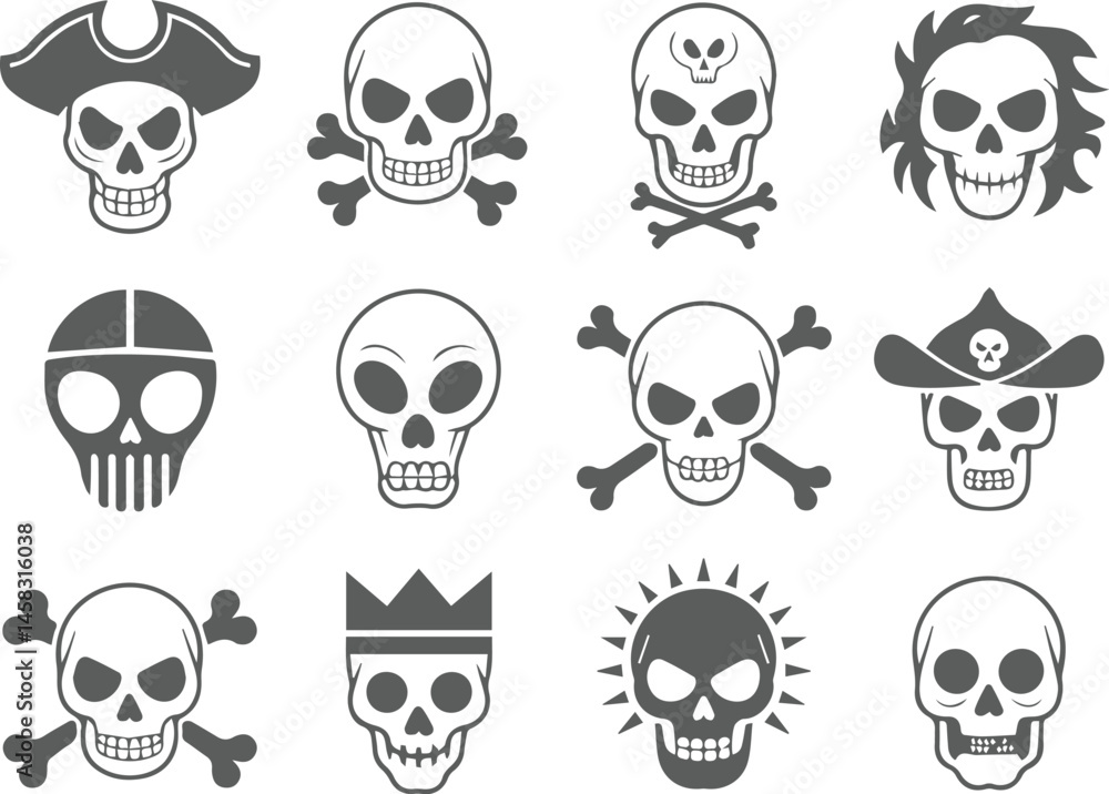 Collection of stylized skull icons with crossbones and pirate hat illustrations Collection of stylized skull icons with crossbones and pirate hat illustrations