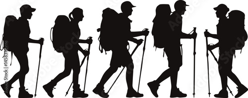 Hikers silhouettes group trekking with backpacks and hiking poles vector illustration