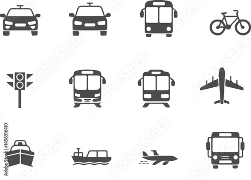 Transportation icons set illustrating various modes of travel and city infrastructure