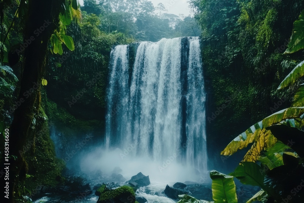 Naklejka premium Explore the tranquility of a captivating waterfall surrounded by lush greenery, Amazing nature Photo background Beautiful waterfall in tropical rainforest