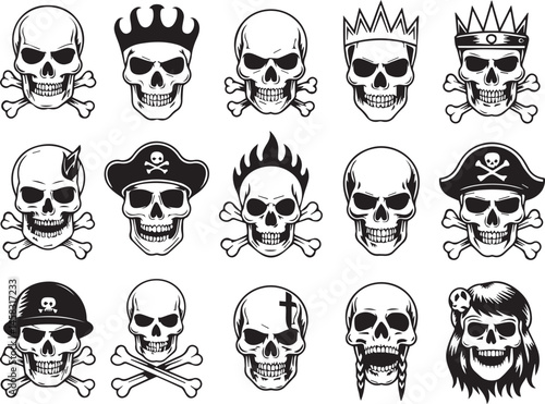 Vector graphic assortment of black and white skull designs with crossbones