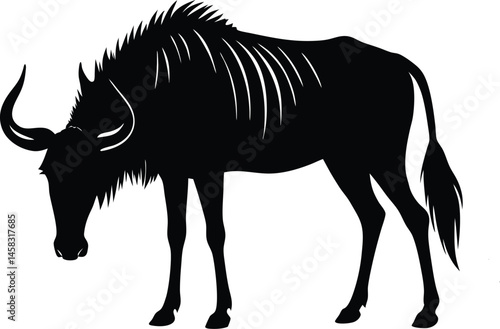 Minimalistic vector silhouette of a grazing wildebeest in profile on white background ideal for safari or wildlife migration design