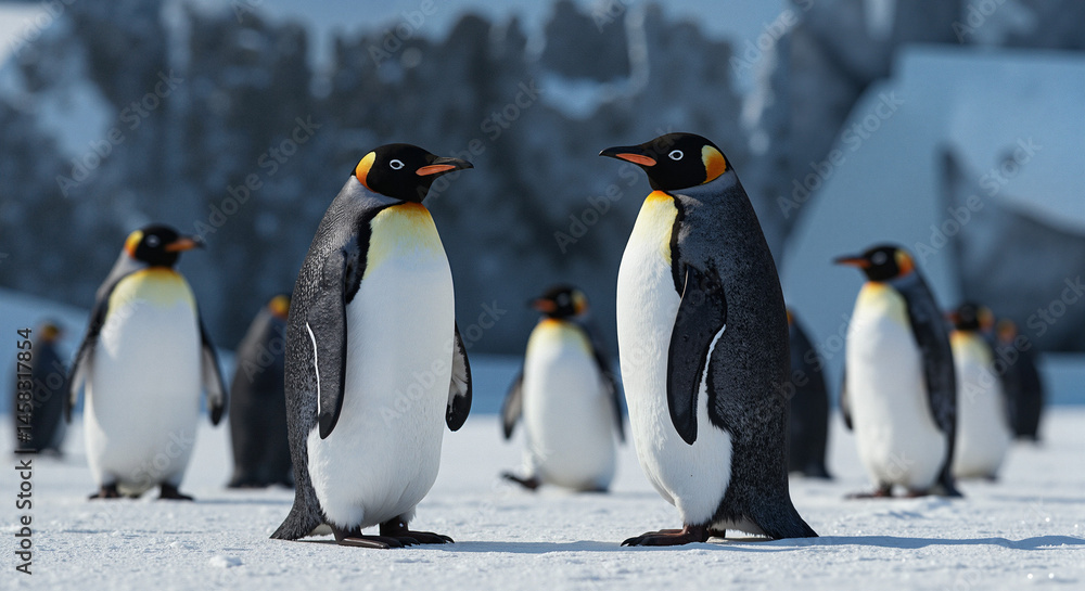 Fototapeta premium Penguins standing together on snowy landscape 