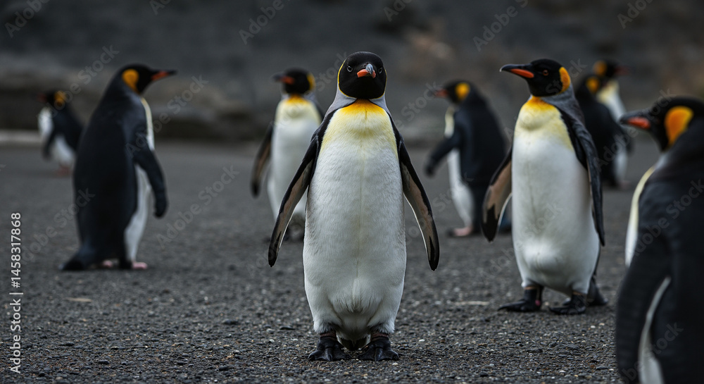 Fototapeta premium Penguins standing in formation against a rocky background 