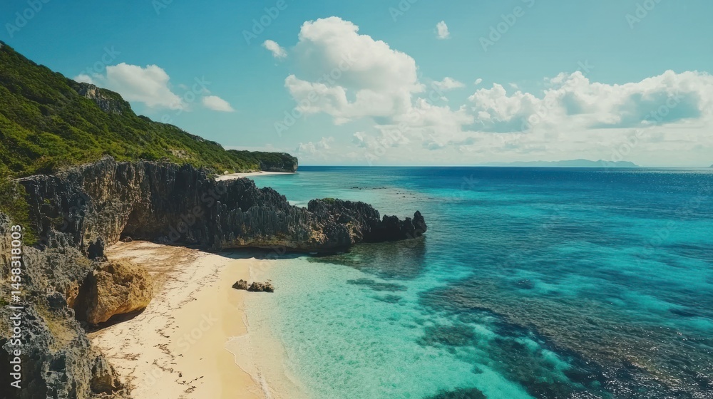 Fototapeta premium Secluded Tropical Beach Paradise: Stunning Coastal Cliffs, Azure Waters, and Pristine Sands