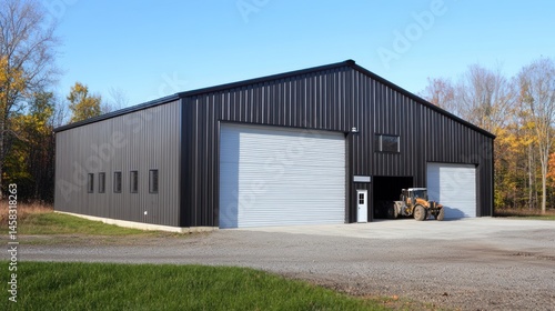 Modern black metal building with large garage doors