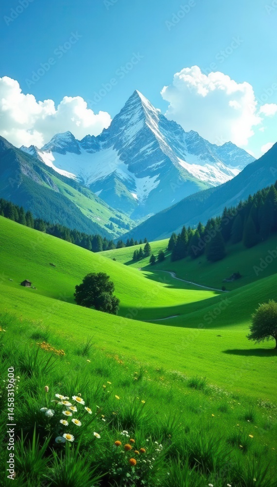 Naklejka premium Rolling green hills, snow-capped peaks in background , environment, mountain, pasture