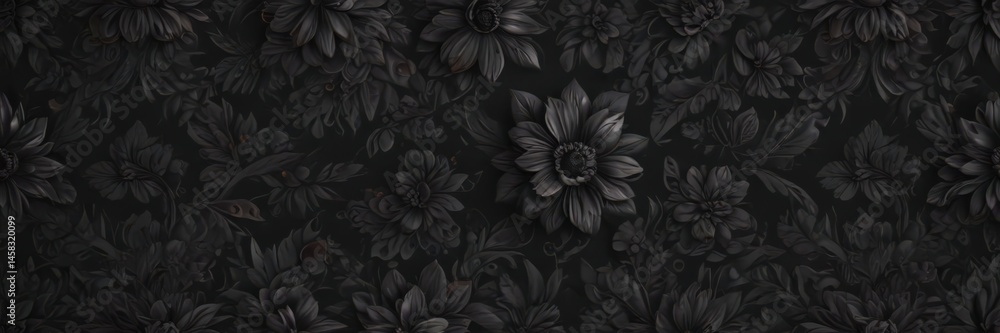 Dark charcoal seamless pattern, stylized floral design  , repeating, geometric, monochrome