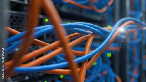 Close-up view of vibrant blue and orange network cables intertwined in a data center, showcasing technology