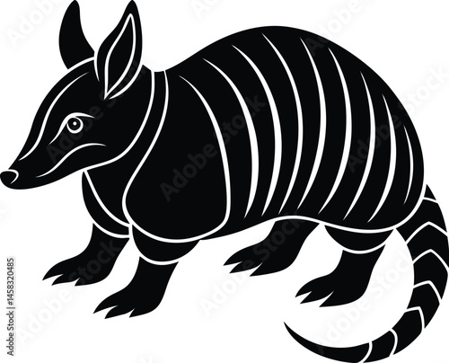Minimalistic vector silhouette of a standing armadillo with curled tail on white background ideal for desert or armored creature