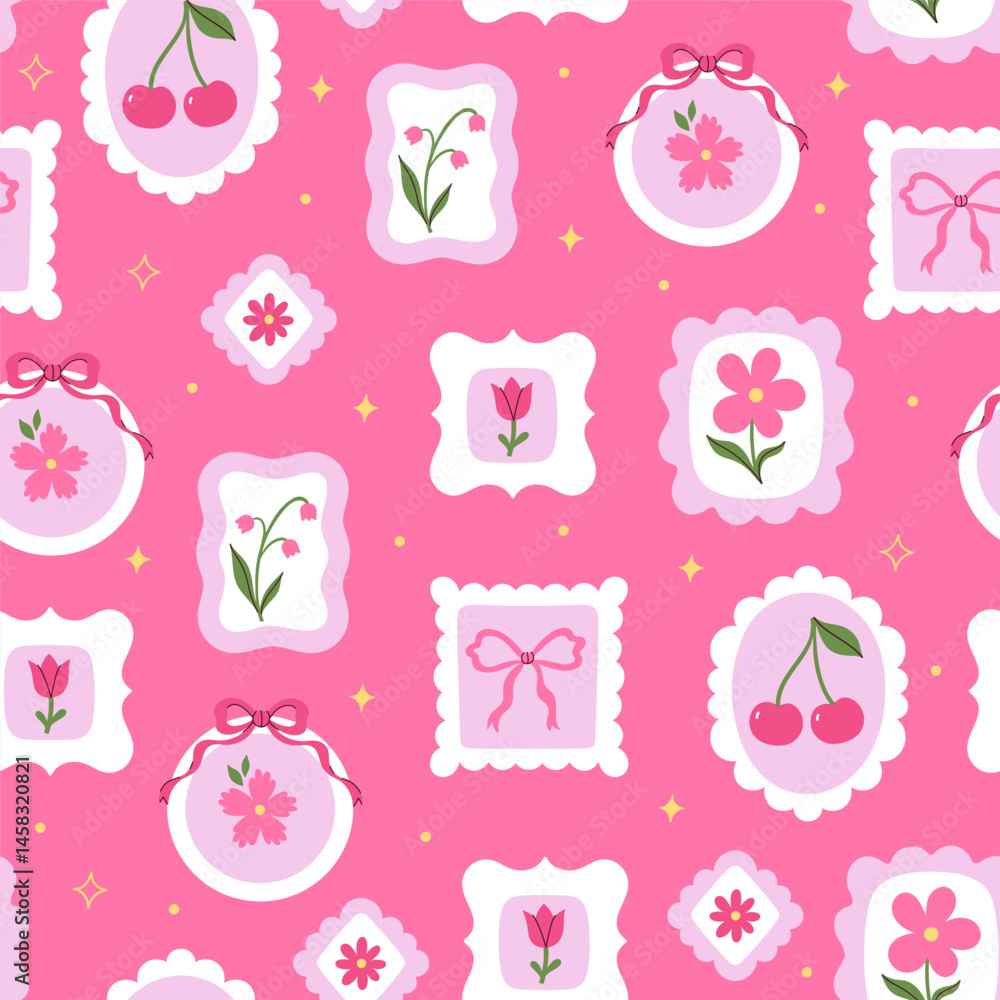 Pink seamless pattern with cherries and flowers in different shapes frames. Vector graphics Pink seamless pattern with cherries and flowers in different shapes frames. Vector graphics