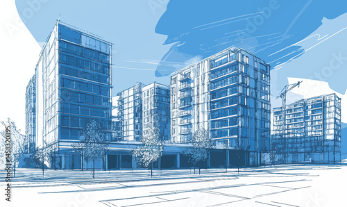 Modern Urban Residential Complex Blueprint in Flat Minimalist Vector Design