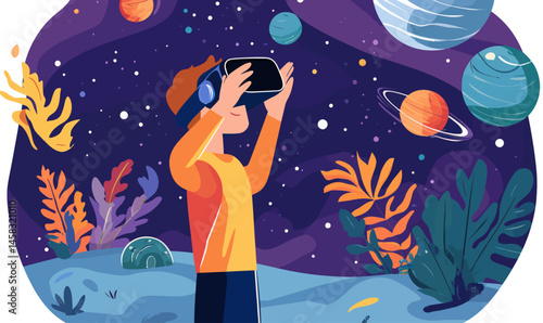 Virtual Reality Space Exploration in Colorful Digital Universe with Planets and Foliage