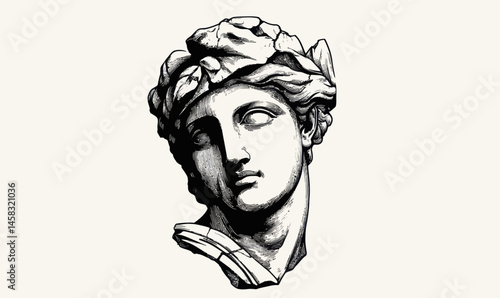 Classical Greek Sculpture Head in Engraving Style Vector Illustration for Art and History Concepts