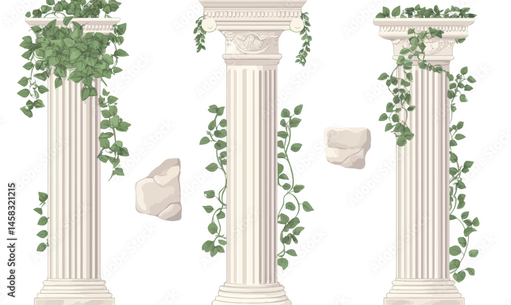 Naklejka premium Ancient Greek Roman Columns with Greenery Vector Set in Minimalist Style
