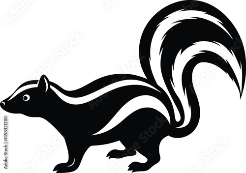 Minimalistic vector silhouette of a striped skunk with tail raised on white background perfect for woodland or warning animal design