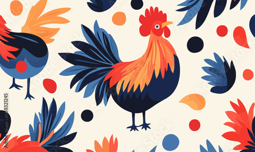 Colorful Abstract Rooster Pattern in Minimalist Flat SVG Vector Art with Vibrant Design