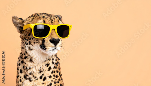stylish cheetah wearing bright yellow sunglasses poses against warm, neutral background, exuding playful and confident vibe. This unique image captures essence of fun and fashion animal kingdom