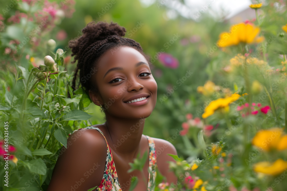 Beautiful Young Woman in Floral Dress Smiling Softly in a Dreamy Garden Surrounded by Blooming Flowers and Lush Greenery. Beautiful Young Woman in Floral Dress Smiling Softly in a Dreamy Garden Surrounded by Blooming Flowers and Lush Greenery.