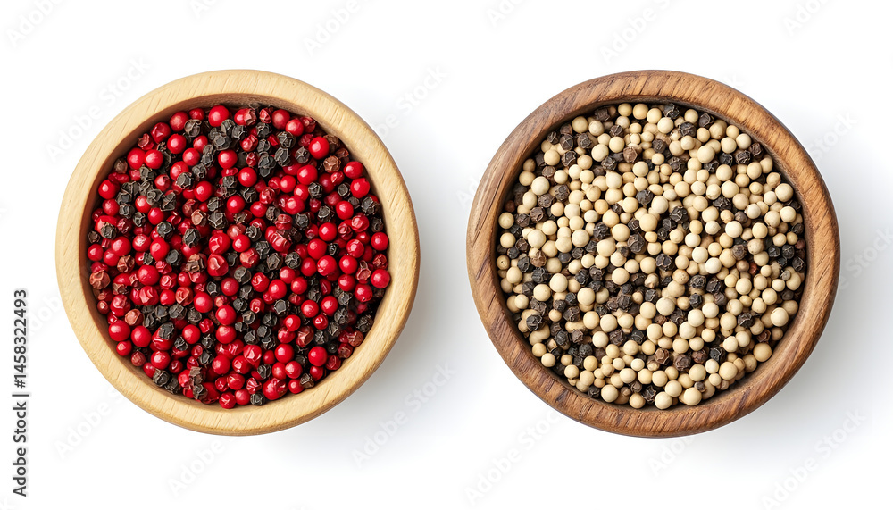 Peppercorn and milled pepper in wooden bowl isolated on white, top view