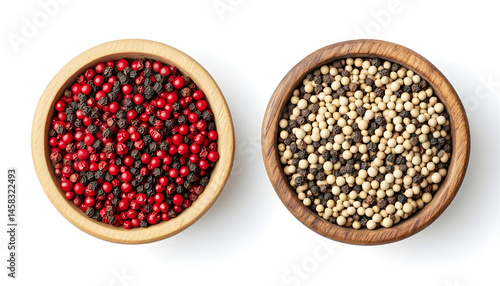 Obraz na płótnie Peppercorn and milled pepper in wooden bowl isolated on white, top view w salonie