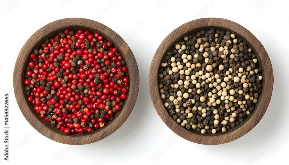 Peppercorn and milled pepper in wooden bowl isolated on white, top view