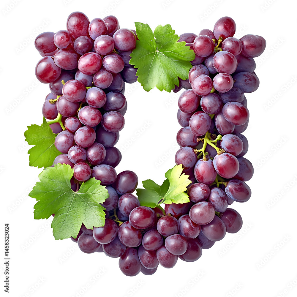 Fototapeta premium Top view of a 3D letter U made of grapes fruit isolated on a white transparent background.