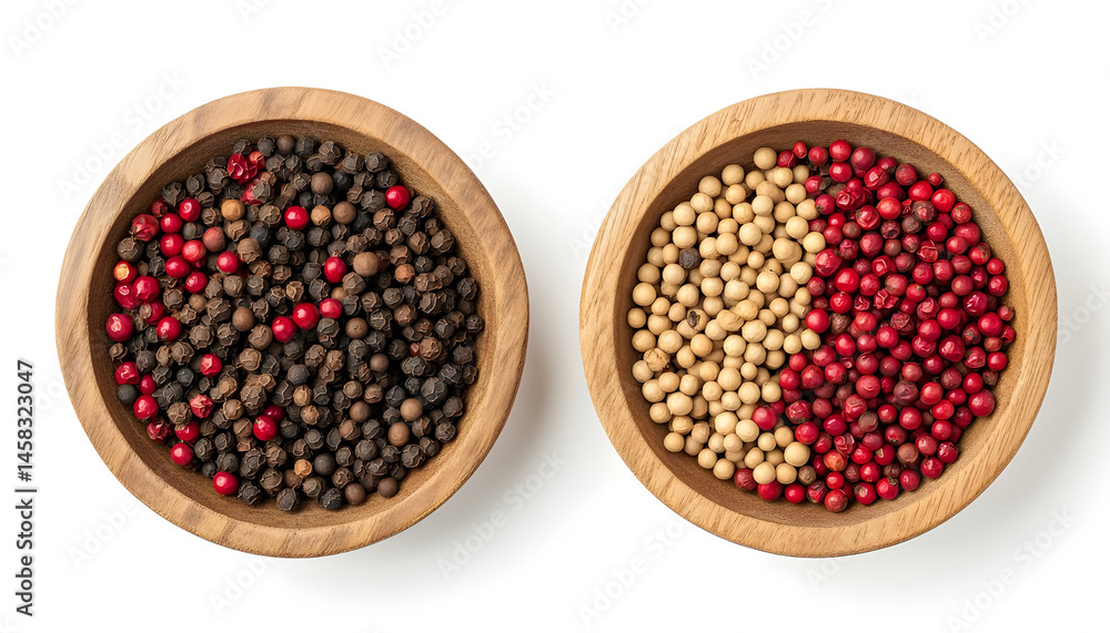 Peppercorn and milled pepper in wooden bowl isolated on white, top view