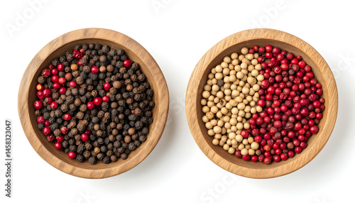 Obraz na płótnie Peppercorn and milled pepper in wooden bowl isolated on white, top view w salonie
