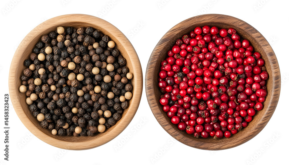 Peppercorn and milled pepper in wooden bowl isolated on white, top view