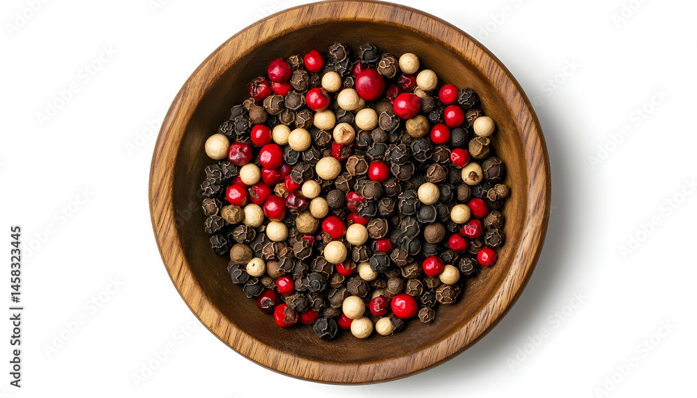 Peppercorn and milled pepper in wooden bowl isolated on white, top view