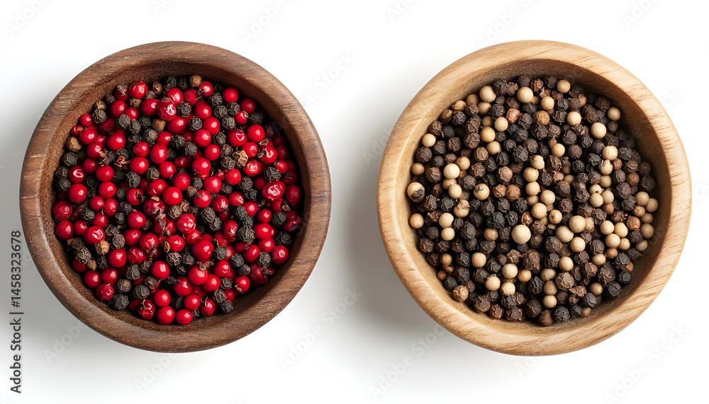 Peppercorn and milled pepper in wooden bowl isolated on white, top view
